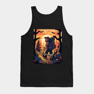 Boy trekking in the woods with a beautiful sunset effect Tank Top